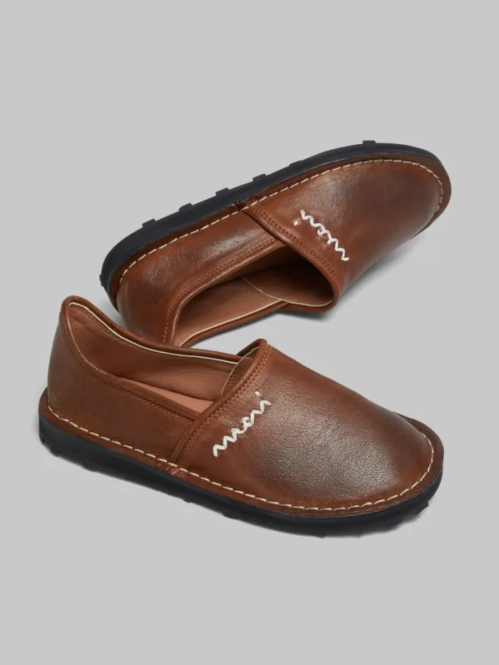 Women Marni Flats Brown Leather SlipOn Loafer With Marni Symbol