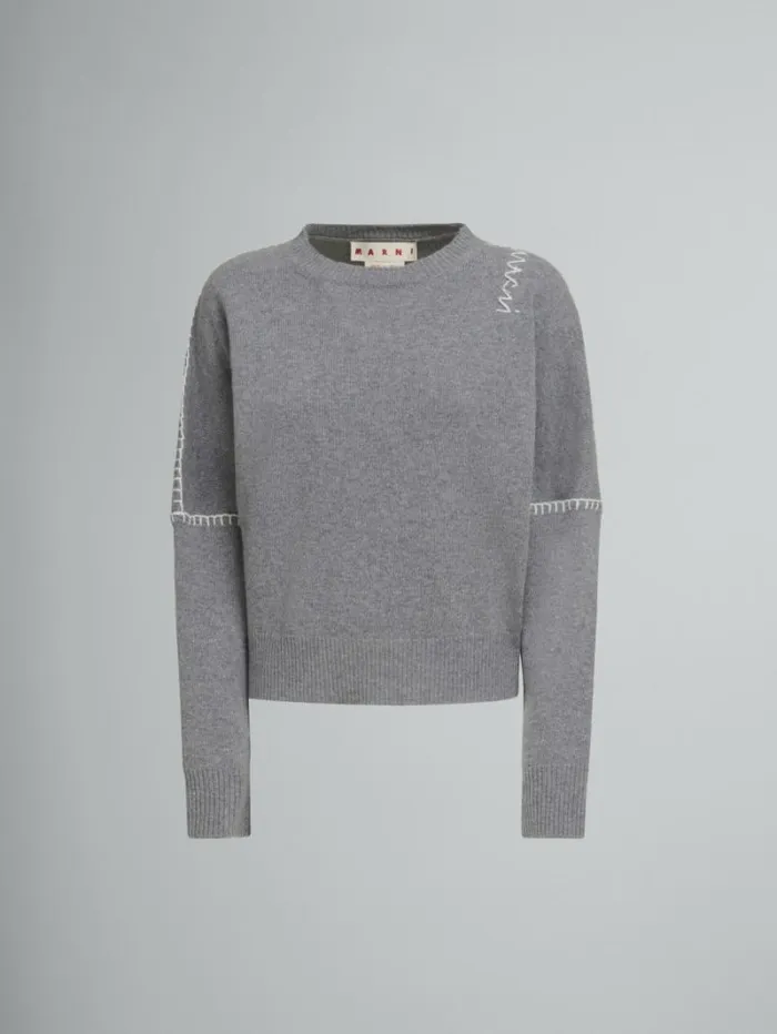 Women Marni Knitwear Grey Wool And Cashmere Crew Neck Jumper With Marni Symbol