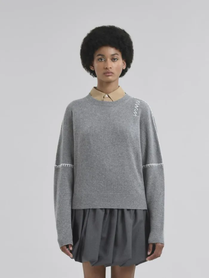 Women Marni Knitwear Grey Wool And Cashmere Crew Neck Jumper With Marni Symbol