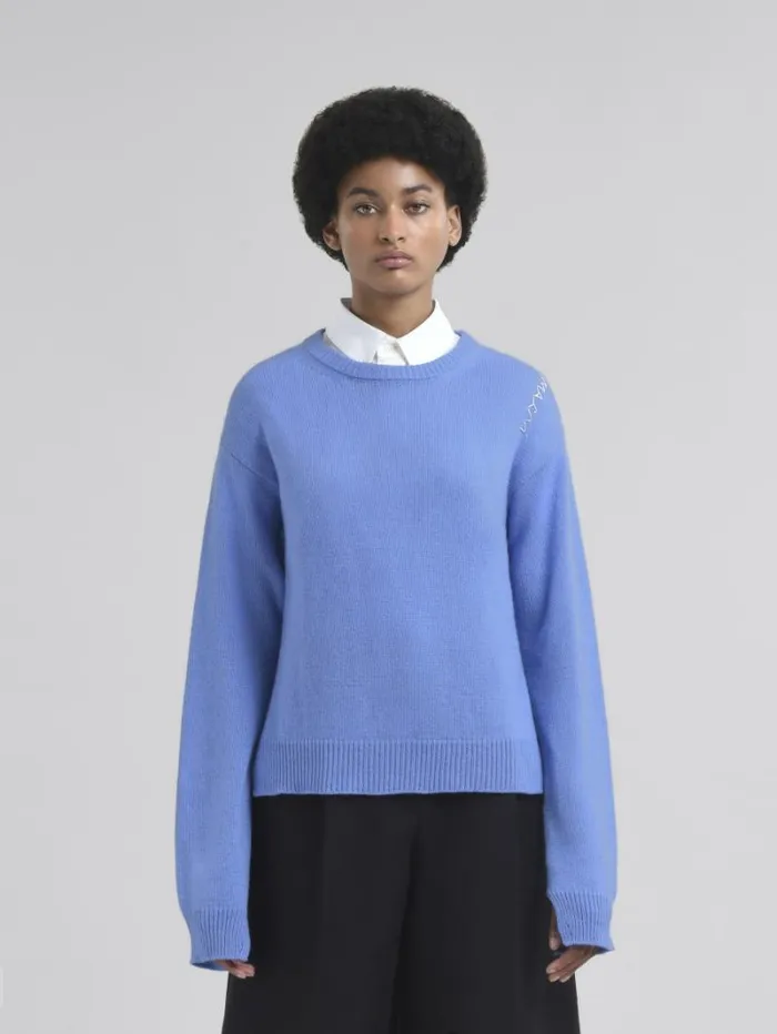 Women Marni Knitwear Indigo Boxy Cashmere Jumper With Marni Symbol