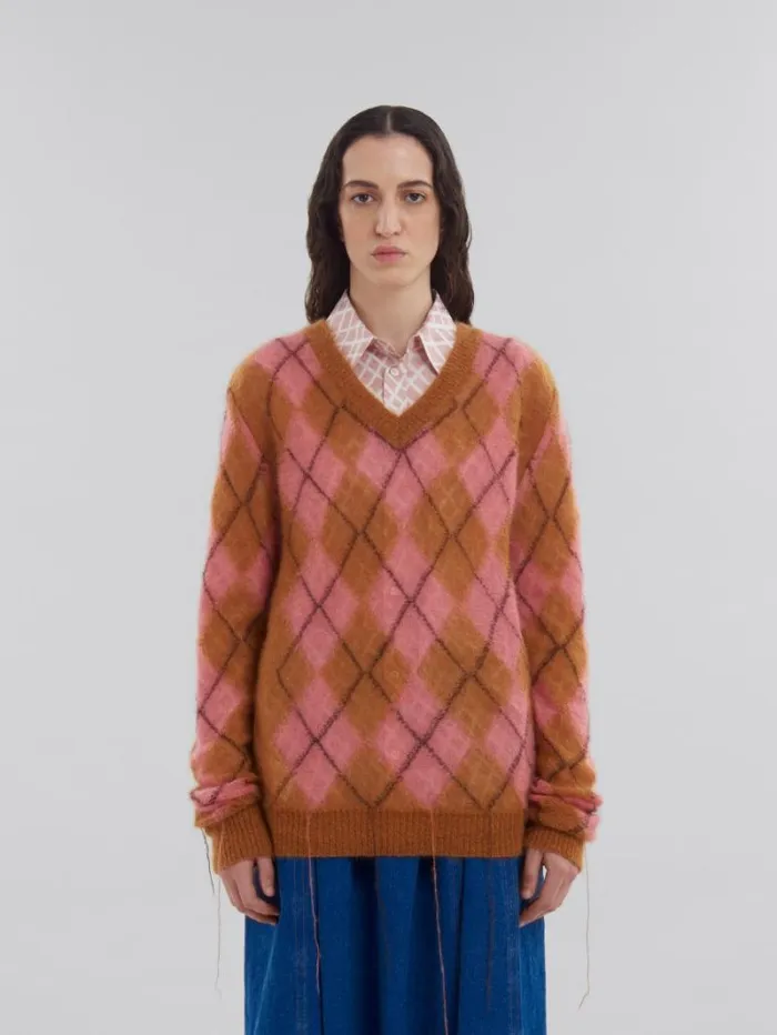 Women Marni Knitwear Orange Mohair Argyle Jumper With Floating Threads