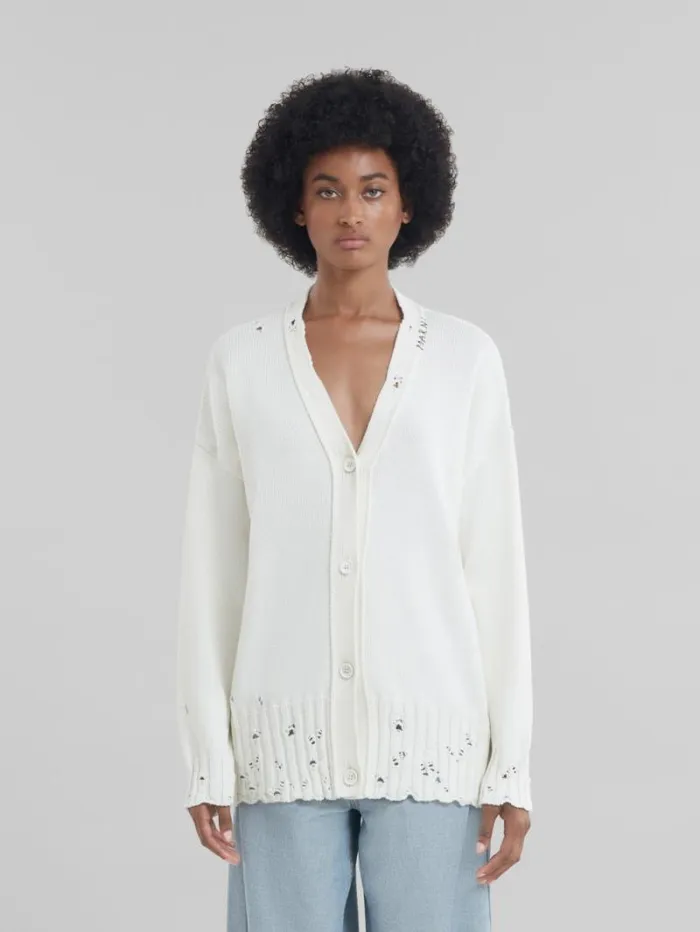 Women Marni Knitwear White Dishevelled Cotton Cardigan With Marni Mending Logo