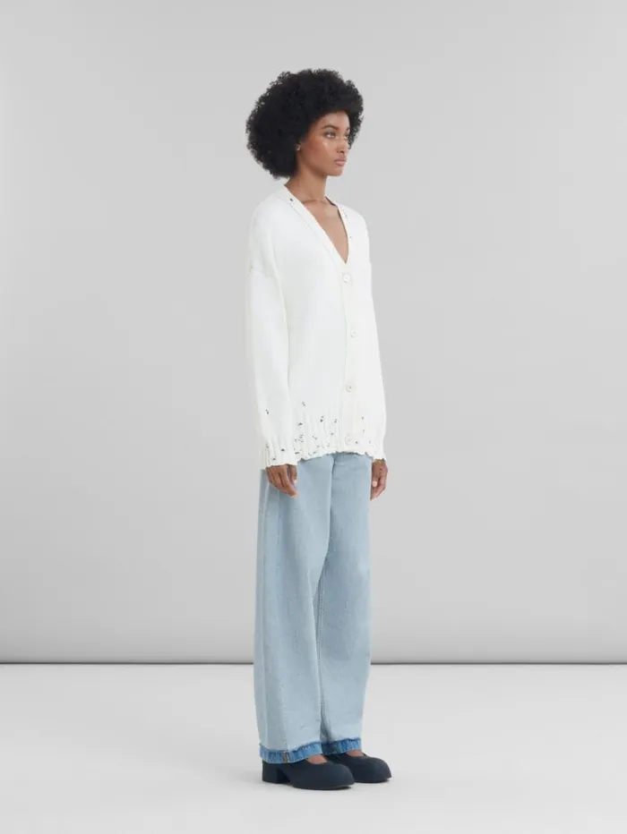 Women Marni Knitwear White Dishevelled Cotton Cardigan With Marni Mending Logo