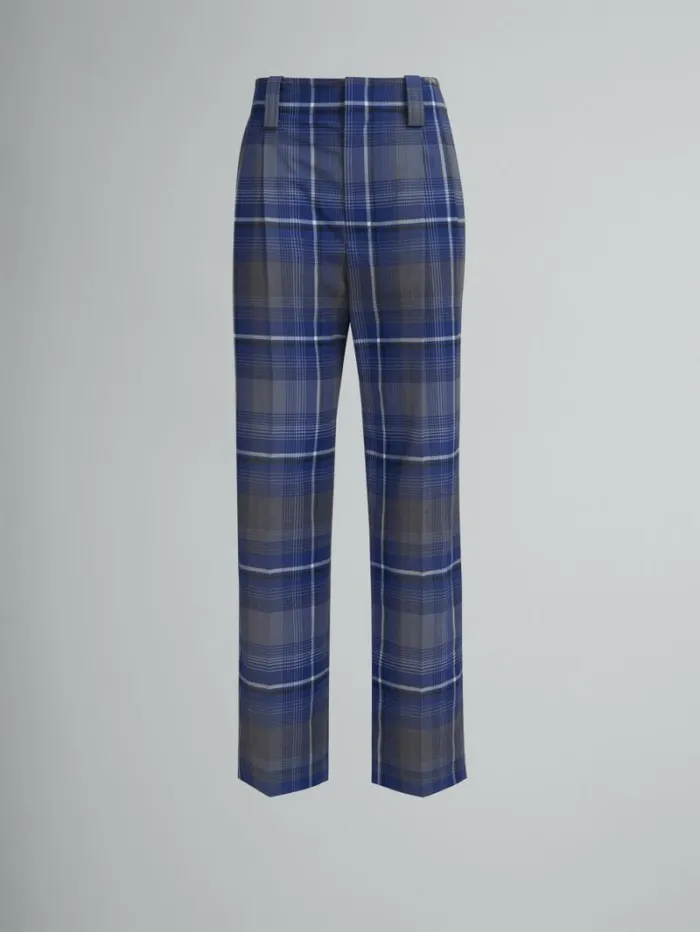 Women Marni Pants Blue Checked Virgin Wool Pleated Trousers
