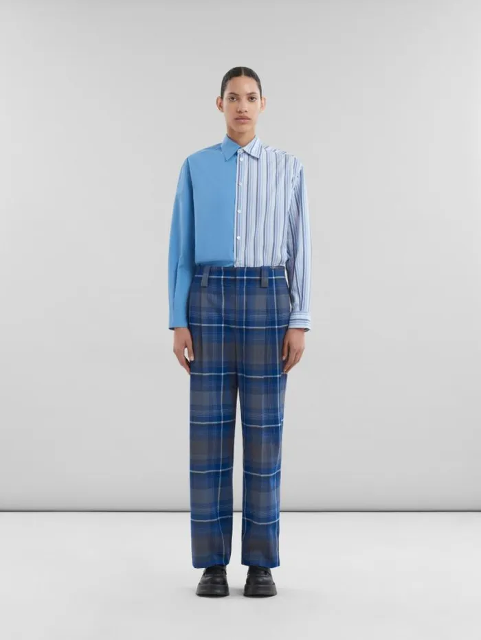 Women Marni Pants Blue Checked Virgin Wool Pleated Trousers