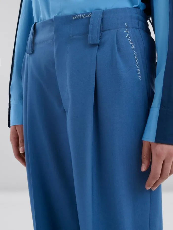 Women Marni Pants Blue Tropical Wool Pleated Trousers