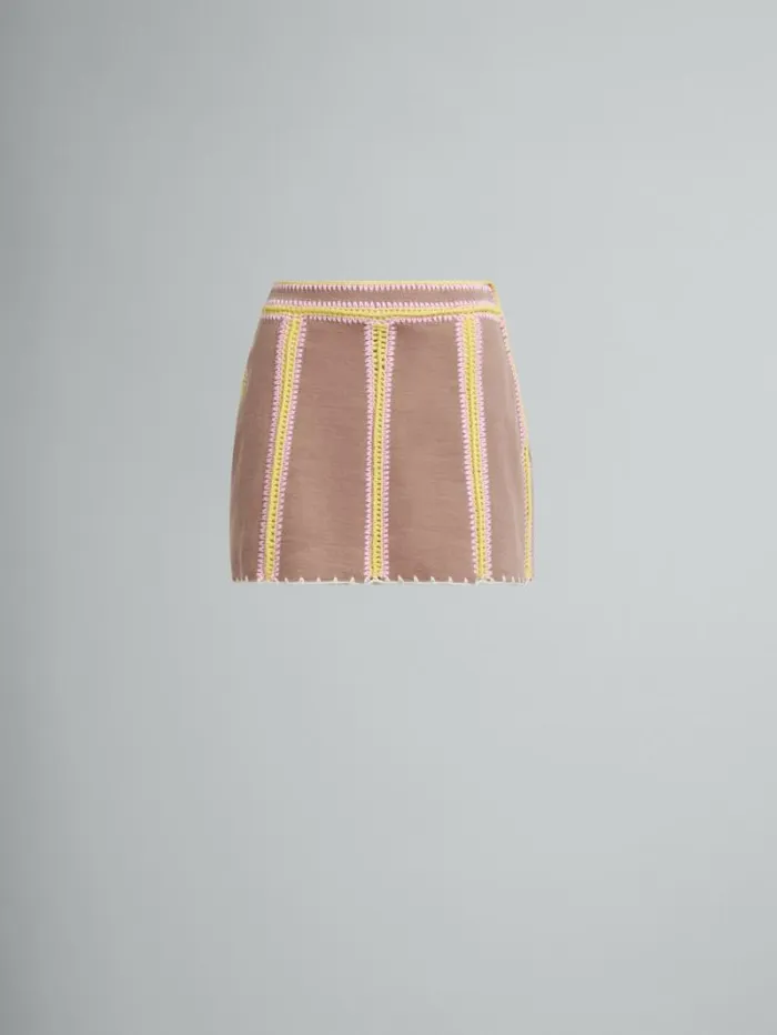 Women Marni Skirts Brown Organic Denim Mini Skirt With Crochet Details