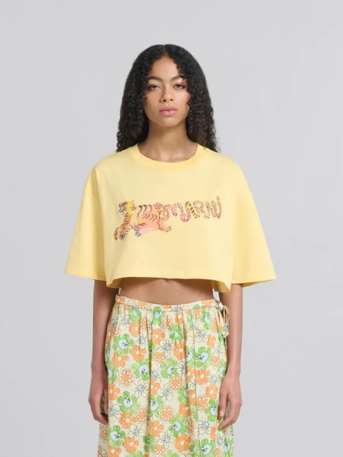 Women Marni Tops and Tshirts Yellow Organic Jersey Cropped TShirt With Print