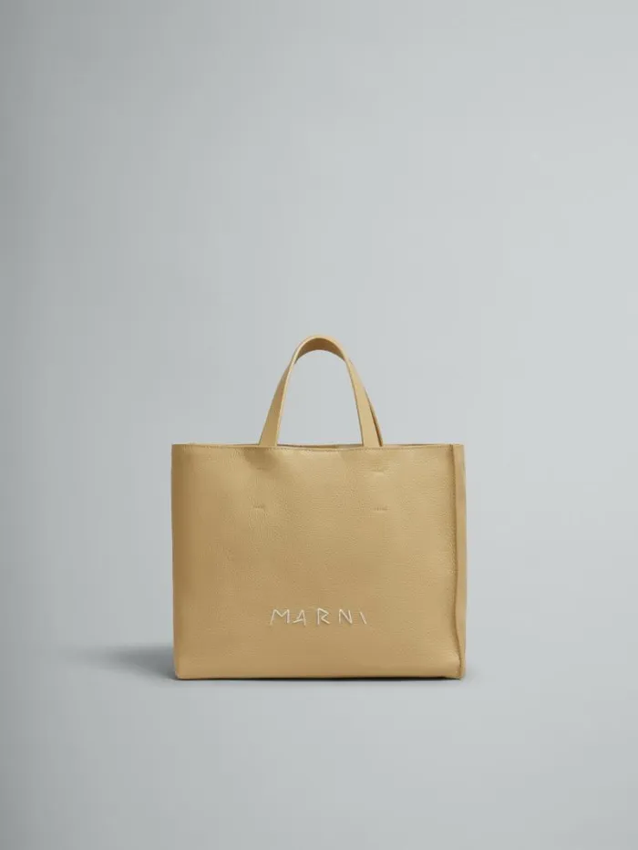 Women Marni Tote Bags Beige Leather Museo Soft Tote Bag With Marni Mending