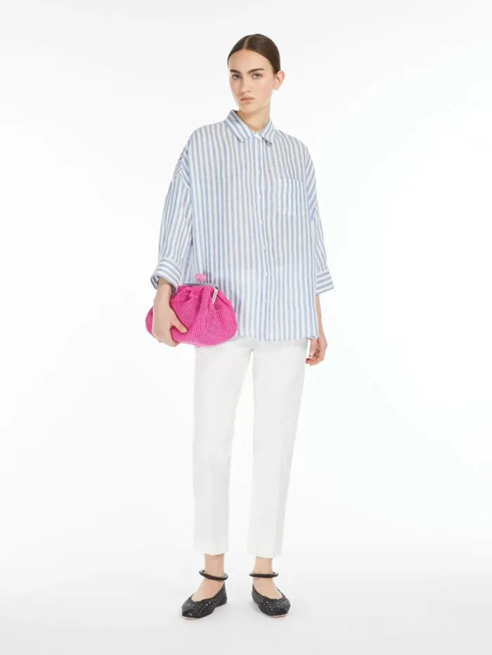 Women Max Mara Blouses Linen Canvas Shirt Light Blue