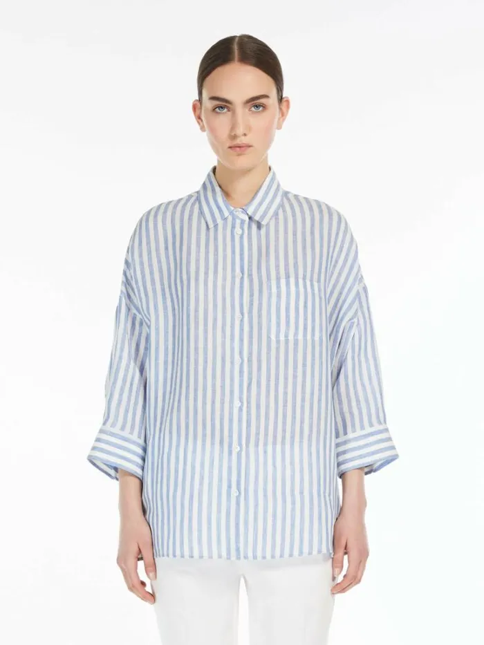Women Max Mara Blouses Linen Canvas Shirt Light Blue