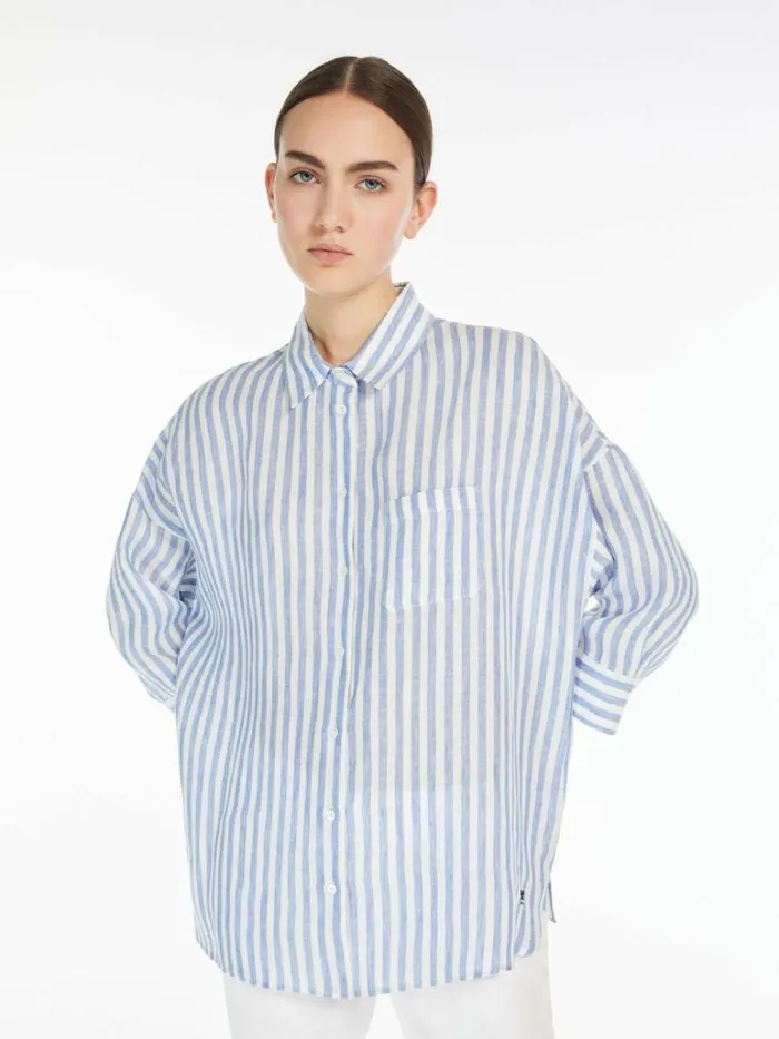 Women Max Mara Blouses Linen Canvas Shirt Light Blue