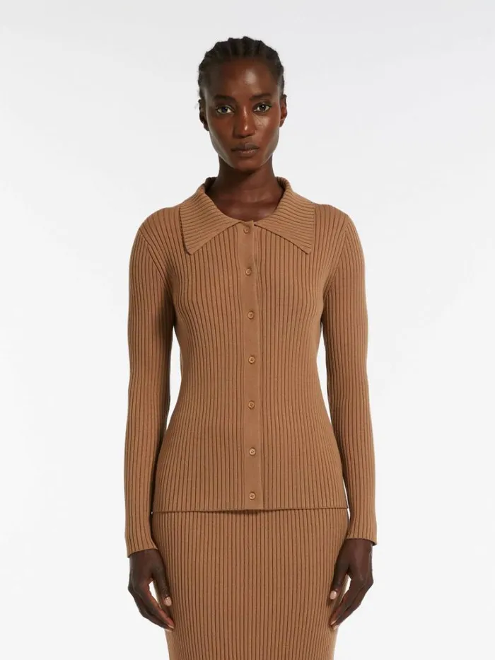 Women Max Mara Knitwear Ribknit Yarn Cardigan Earth