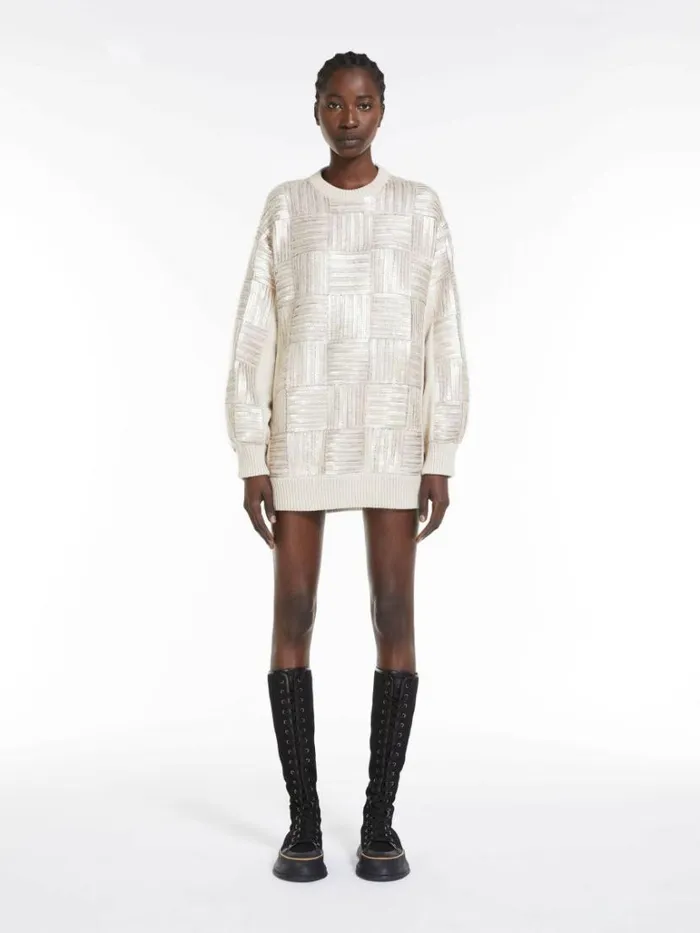 Women Max Mara Knitwear Wool And Sequin Mini Dress Beige