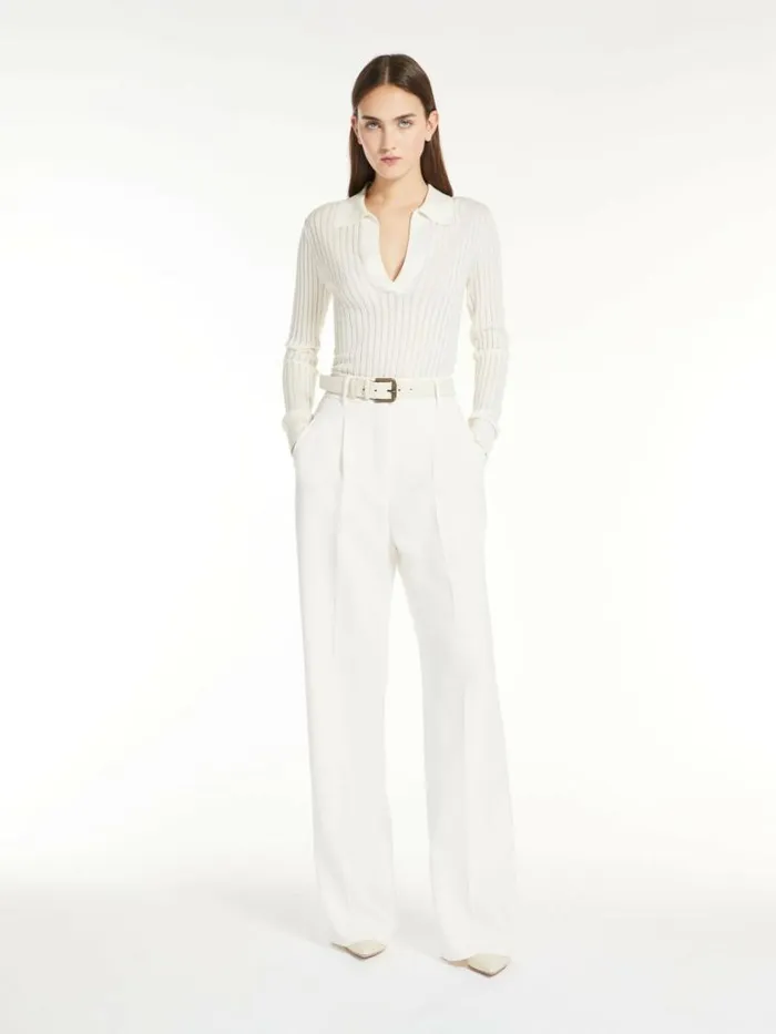 Women Max Mara Knitwear Wool And Silk Sweater With Polo Shirt Collar Ivory