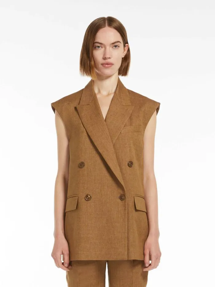 Women Max Mara Suit Doublebreasted Linen Waistcoat Beige