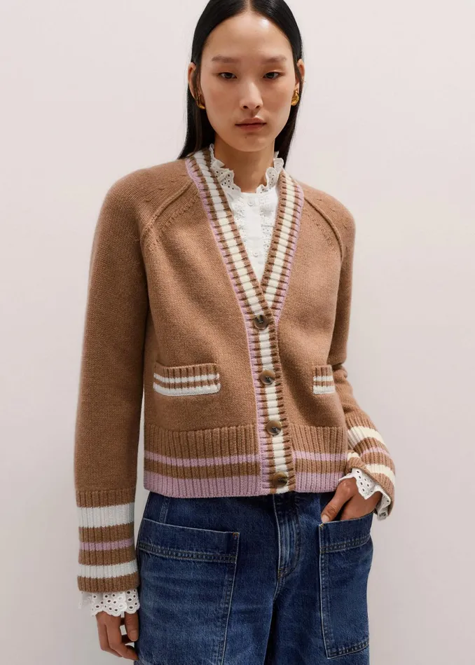Women Merino Wool Varsity Cardigan Camel Melange Multi MEEM