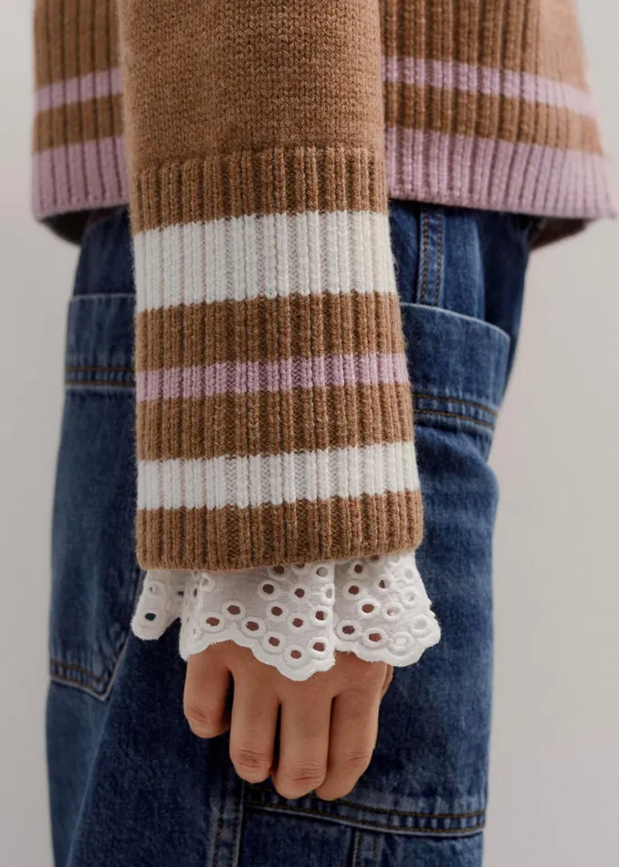 Women Merino Wool Varsity Cardigan Camel Melange Multi MEEM