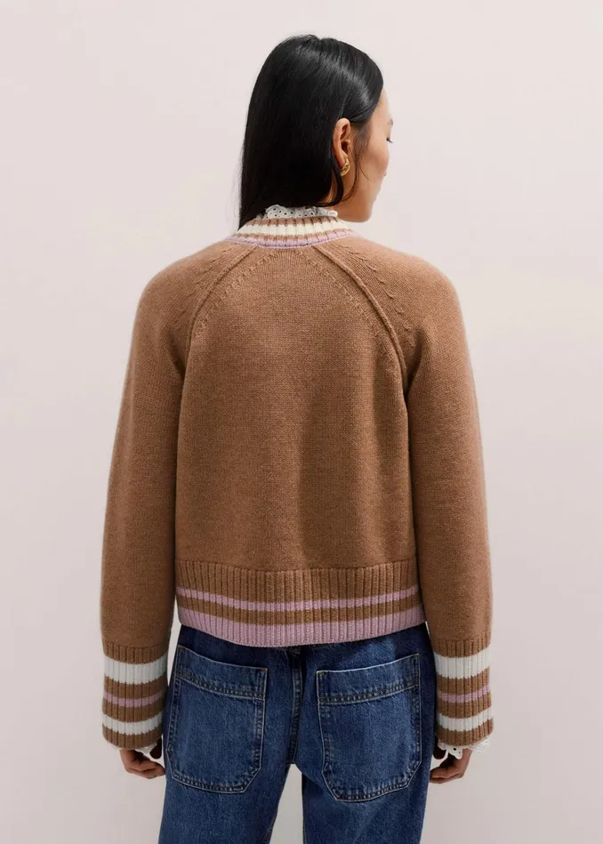 Women Merino Wool Varsity Cardigan Camel Melange Multi MEEM