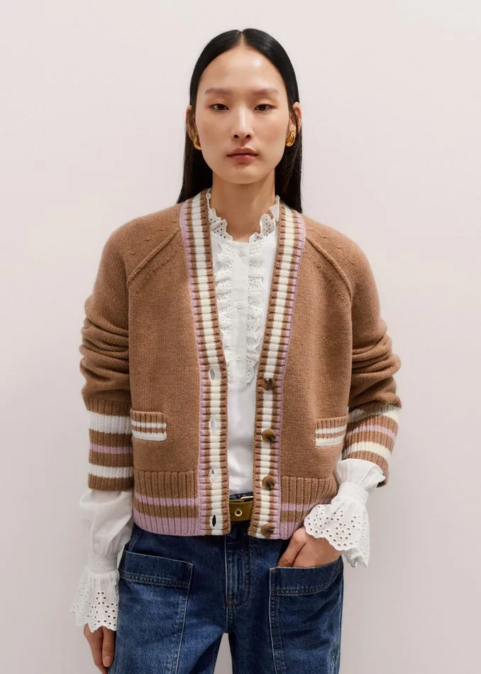 Women Merino Wool Varsity Cardigan Camel Melange Multi MEEM