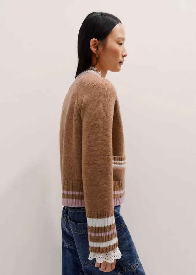 Women Merino Wool Varsity Cardigan Camel Melange Multi MEEM