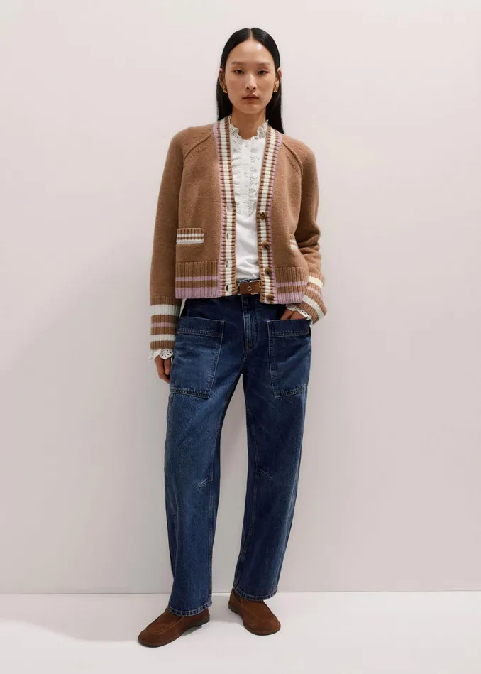 Women Merino Wool Varsity Cardigan Camel Melange Multi MEEM