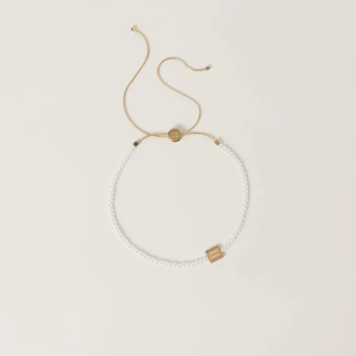 Women Necklaces Miu Miu Metal Choker With Artificial Pearls Goldcream