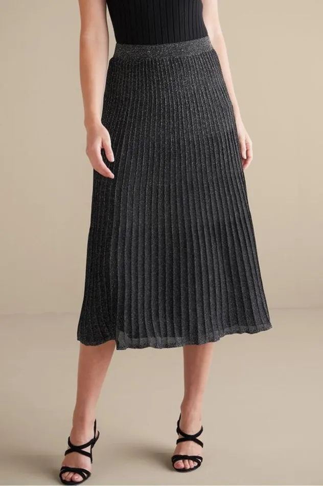 Women Nisha Knit Pleated Skirt Blacksilver Soft Surroundings Skirts