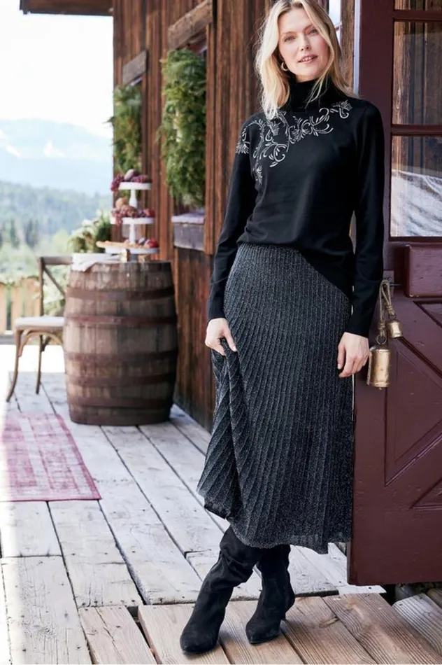 Women Nisha Knit Pleated Skirt Blacksilver Soft Surroundings Skirts