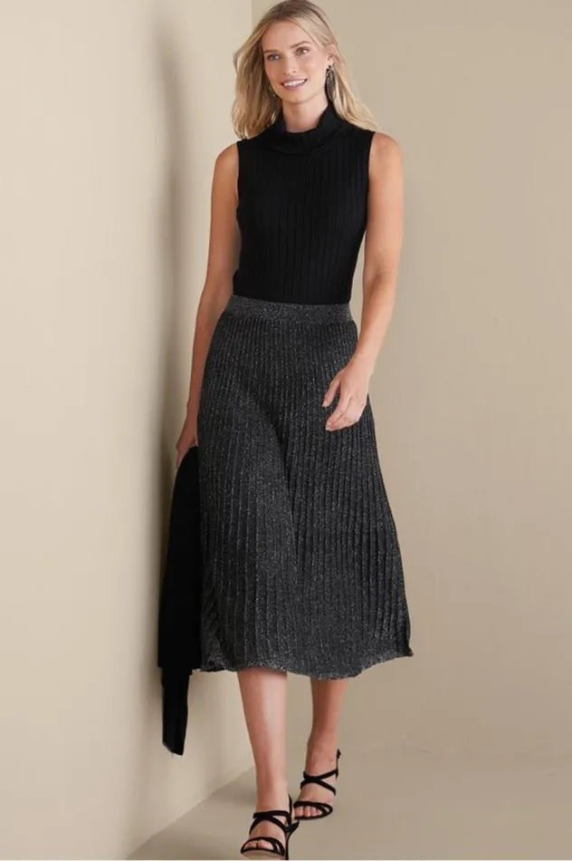 Women Nisha Knit Pleated Skirt Blacksilver Soft Surroundings Skirts