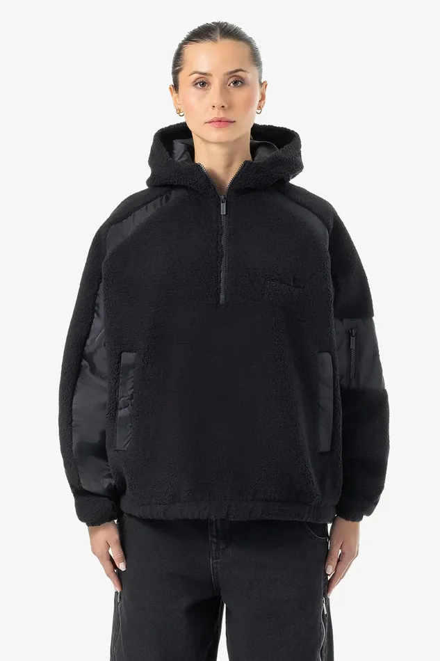 Women Pegador Zip Hoodies Bonny Teddy Fabric Mix Halfzip Black