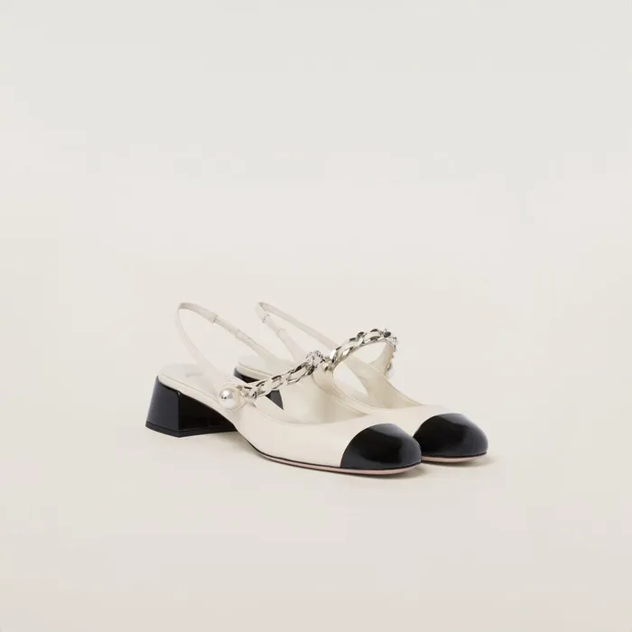 Women Pumps Miu Miu Leather And Patent Leather Slingback Pumps Ivoryblack