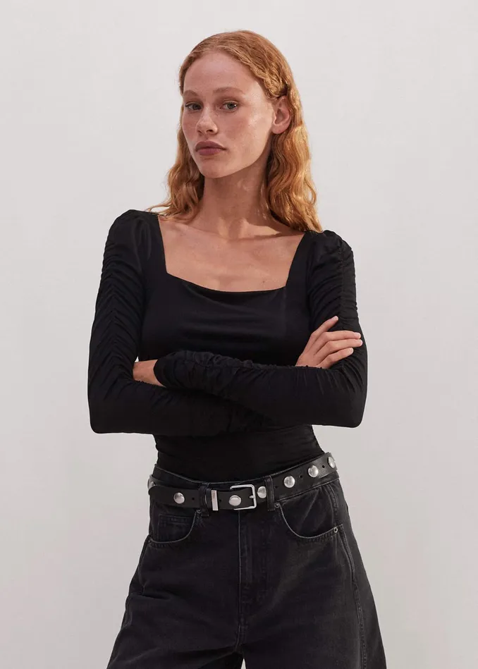 Women Ruched Square Neck Top Black MEEM