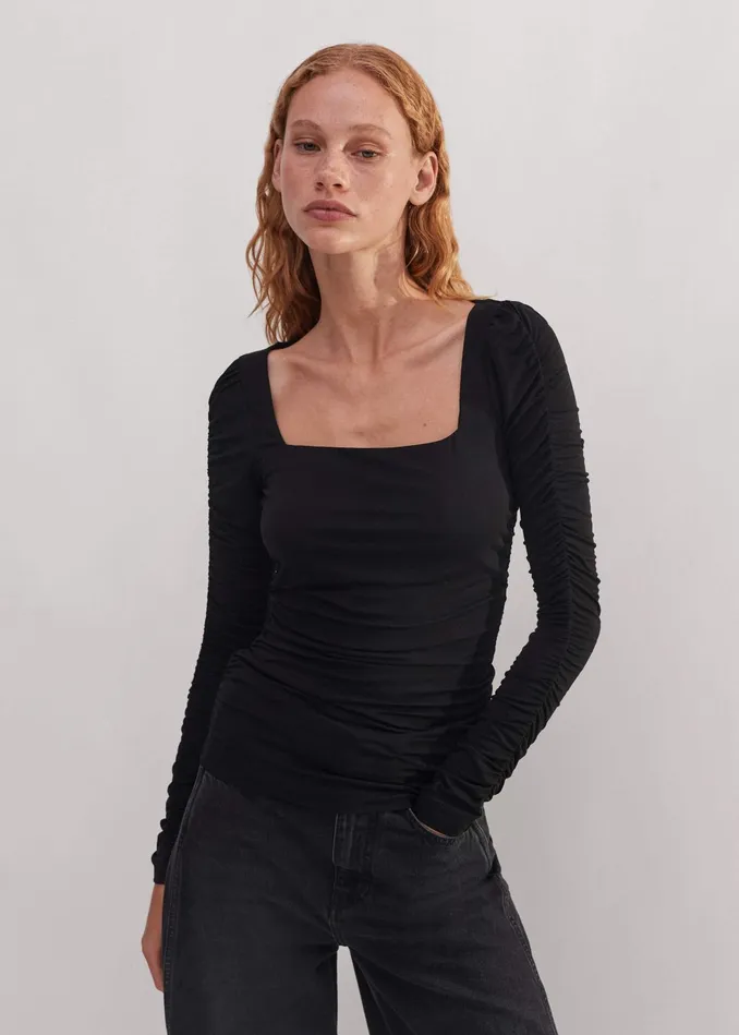 Women Ruched Square Neck Top Black MEEM