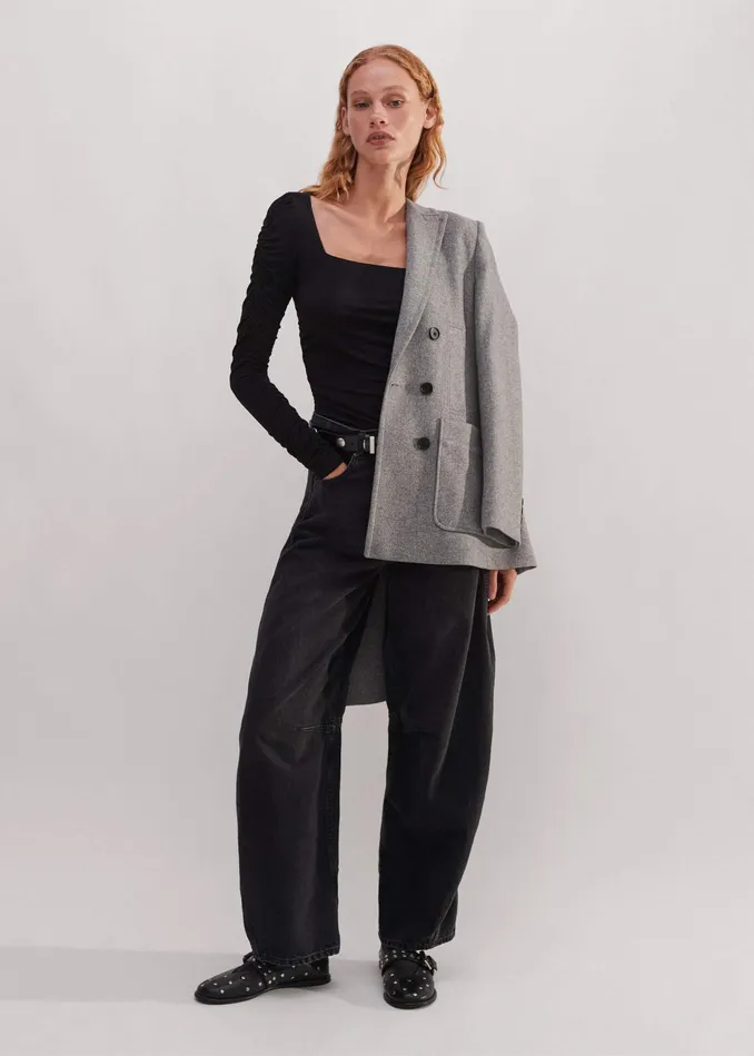 Women Ruched Square Neck Top Black MEEM