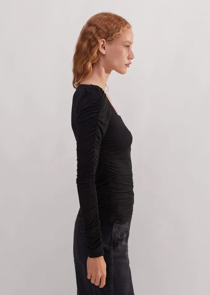 Women Ruched Square Neck Top Black MEEM