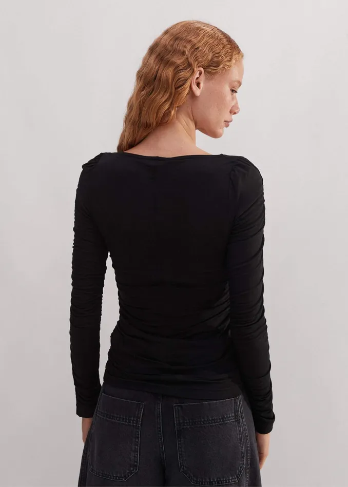 Women Ruched Square Neck Top Black MEEM