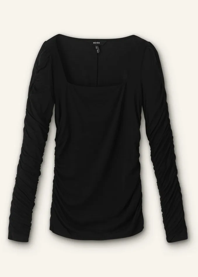 Women Ruched Square Neck Top Black MEEM