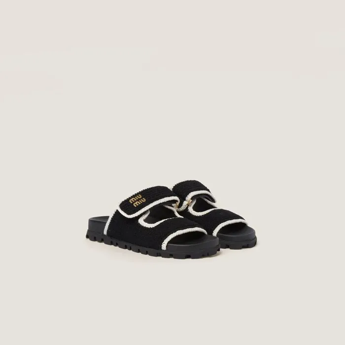 Women Sandals Miu Miu Crochet Knit Slides Blackivory