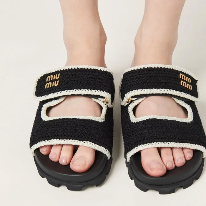 Women Sandals Miu Miu Crochet Knit Slides Blackivory Women Sandals Miu Miu Crochet Knit Slides Blackivory