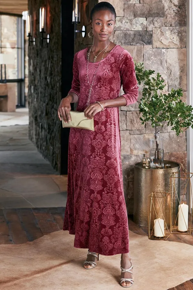 Women Santiago Embossed Velvet Dress Cabernet Soft Surroundings Dresses