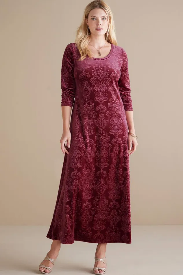 Women Santiago Embossed Velvet Dress Cabernet Soft Surroundings Dresses
