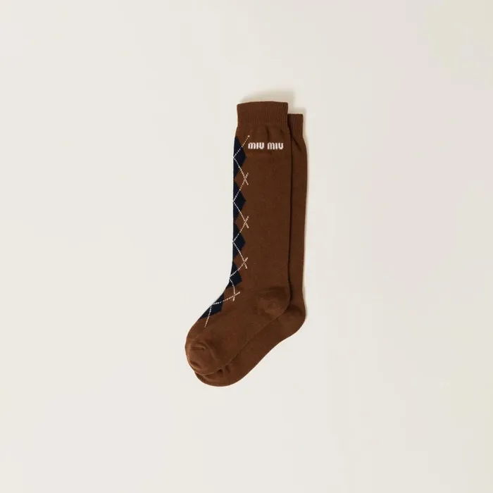 Women Scarves And Socks Miu Miu Wool And Cashmere Socks Tobacco