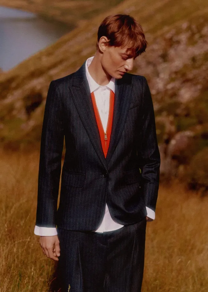 Women Sharp Shoulder Pinstripe Blazer Pant Suit MEEM