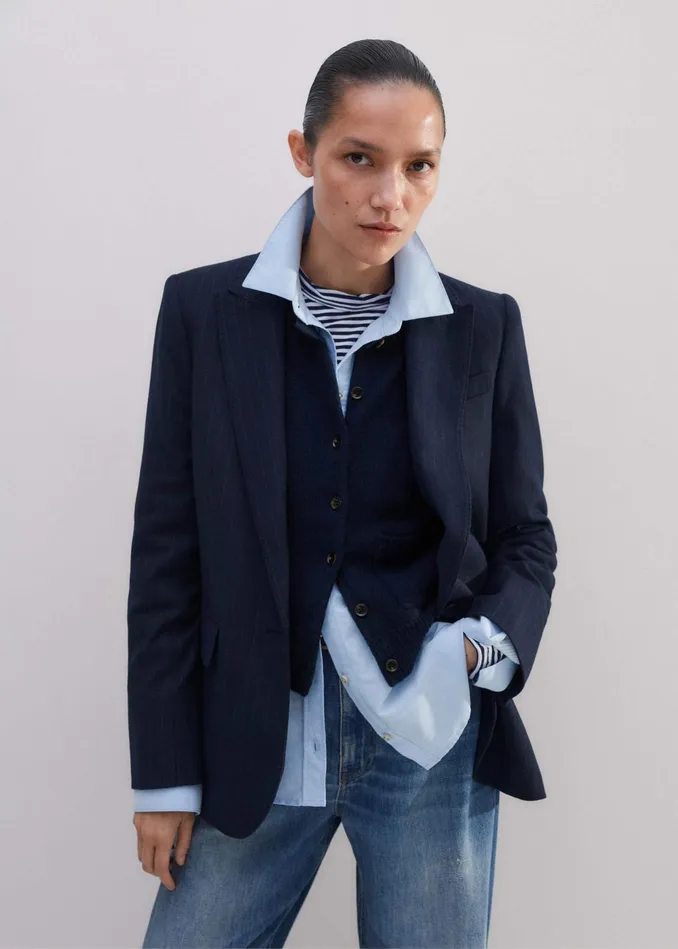 Women Sharp Shoulder Pinstripe Blazer Pant Suit MEEM
