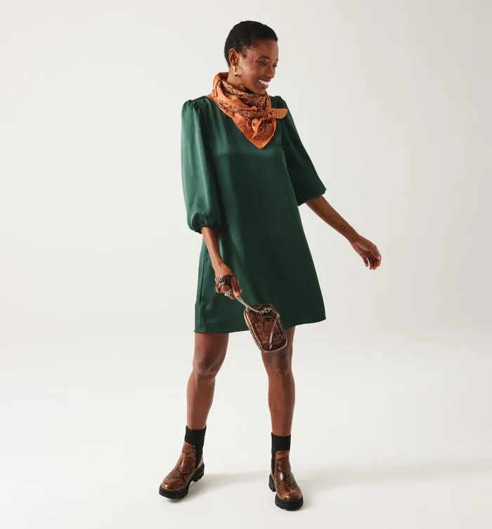 Women Short Satin Dress 8211 Green Print Promod Dresses