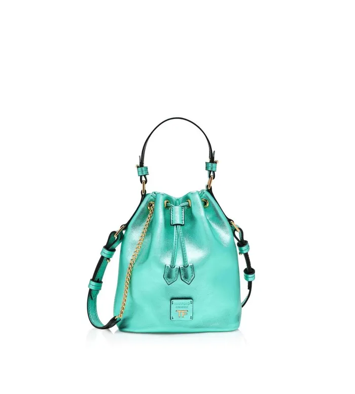 Women Shoulder Bags Tom Ford Laminated Leather Disco Small Bucket On Chain Lagoon