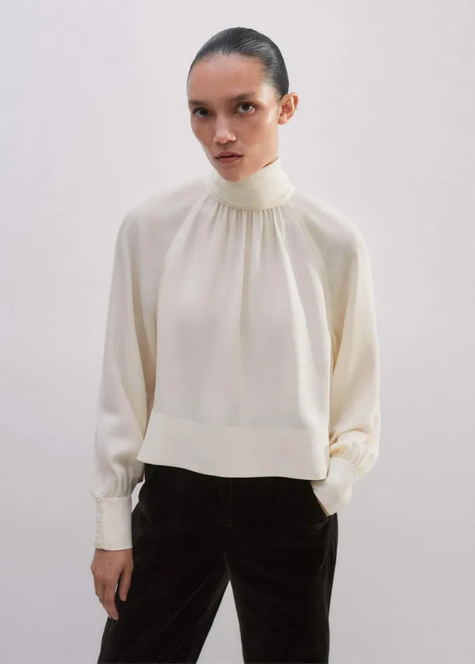 Women Silk High Neck Raglan Sleeve Top Cream MEEM