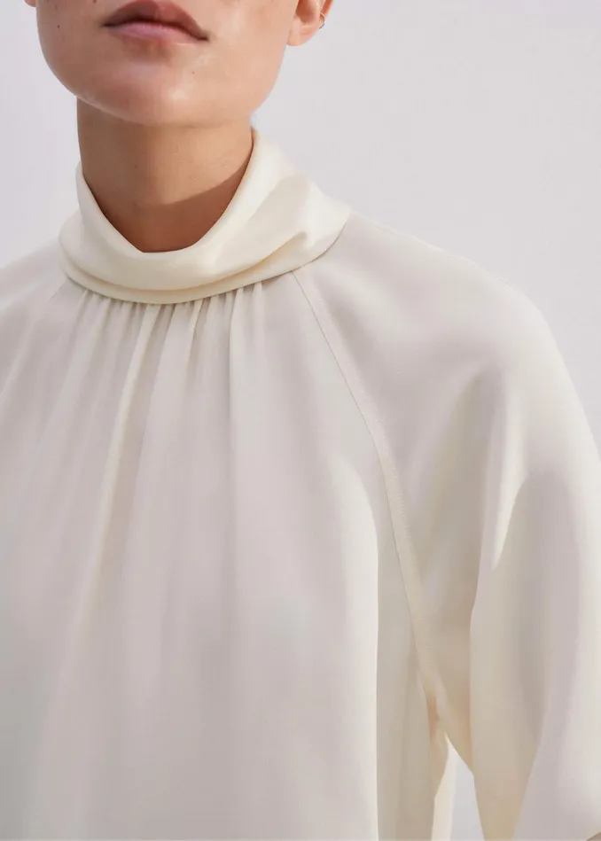 Women Silk High Neck Raglan Sleeve Top Cream MEEM