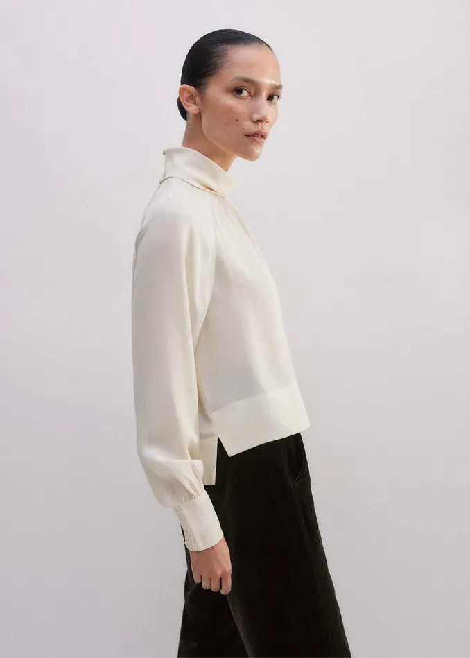 Women Silk High Neck Raglan Sleeve Top Cream MEEM